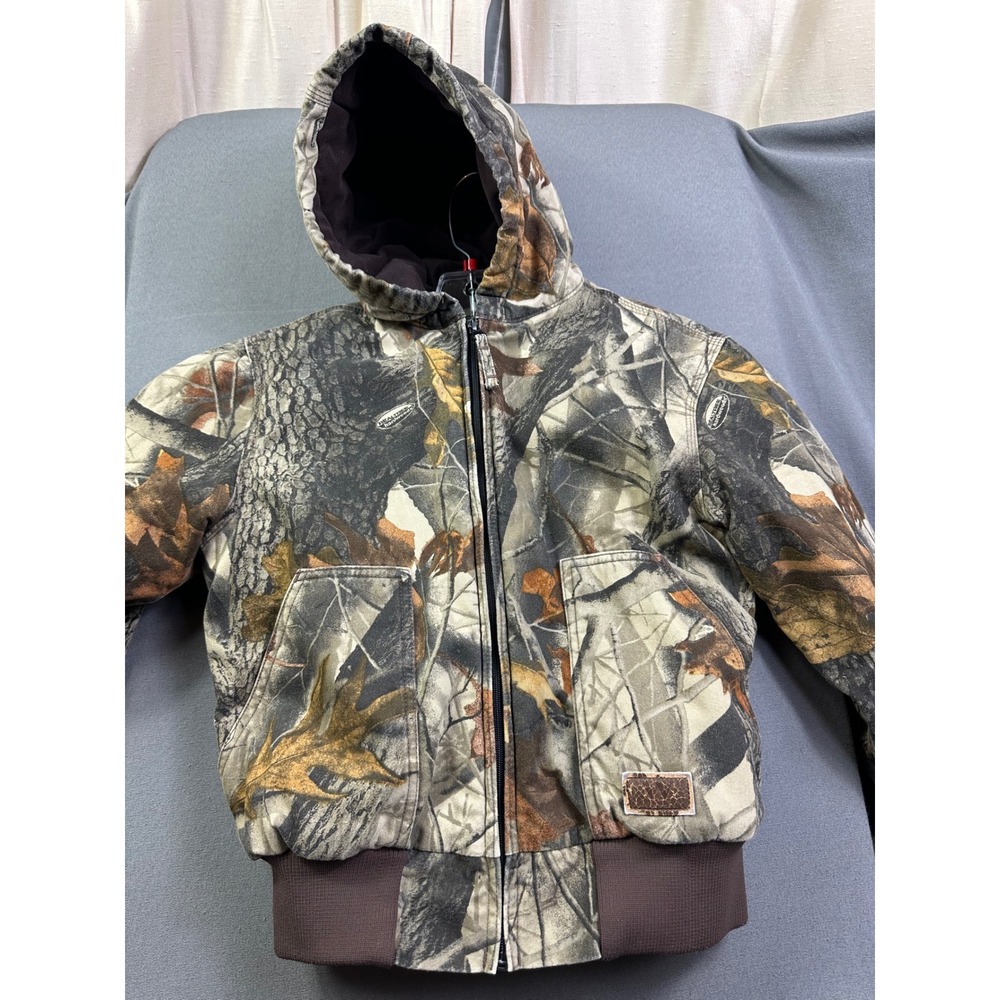 Realtree Hardwoods Camo Hooded Jacket Kids Canvas‎ Workwear Coat Brown Green 14Y